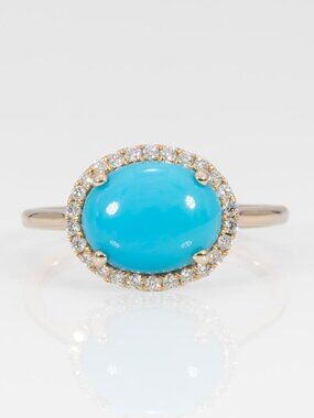 Natural Sleeping Beauty Turquoise and Diamond Halo Ring in Solid 14K Yellow Gold